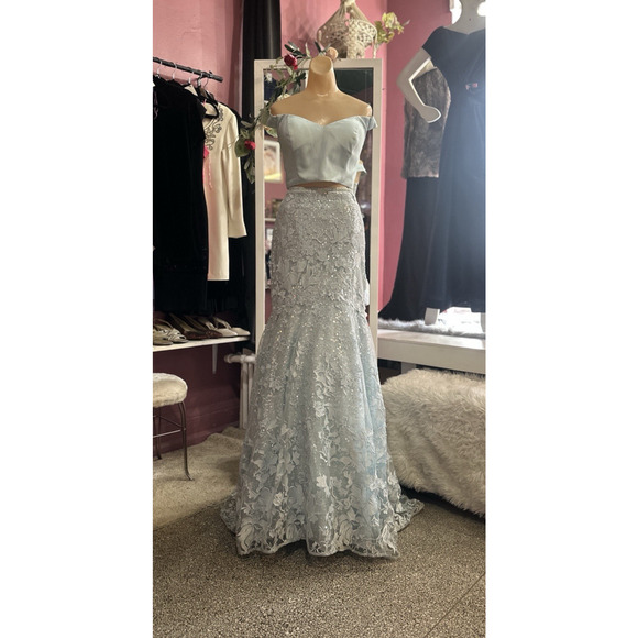 Ellie Wilde by Mon Cheri 2 pc Prom Dress Set Cropped Blue Lace Shimmer M - Picture 2 of 12